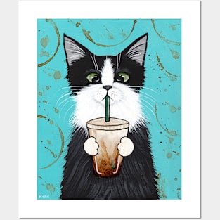 Tuxedo Cat with Iced Coffee Posters and Art